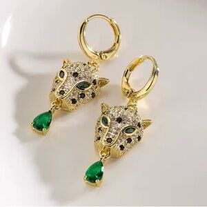 Anthropologie Gold Panther Earrings with Green Drops